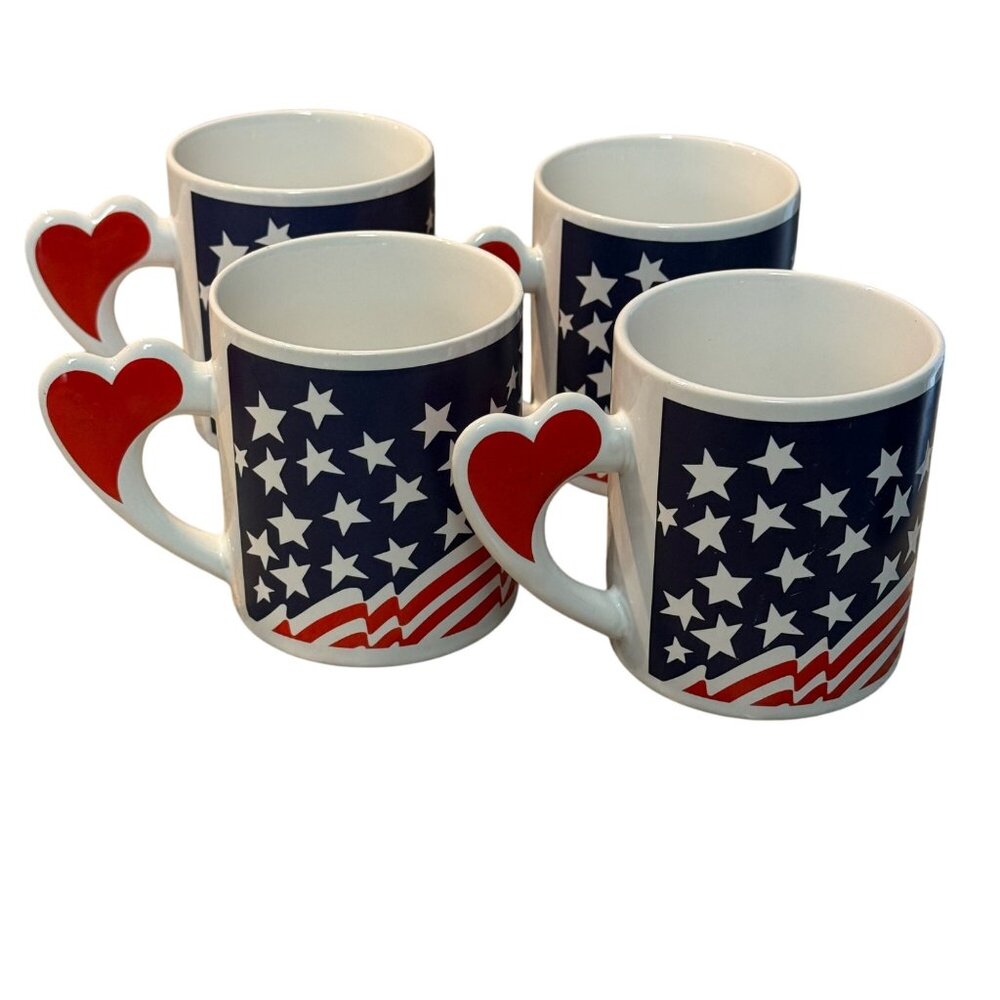 Set of 4 Vintage Love Mugs Patriotic Heart Handle Coffee Cups Red White &‎ Blue